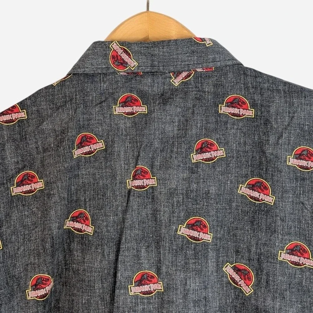 Jurassic Park All Over Logo Print Cotton Camp Shirt Gray XXL